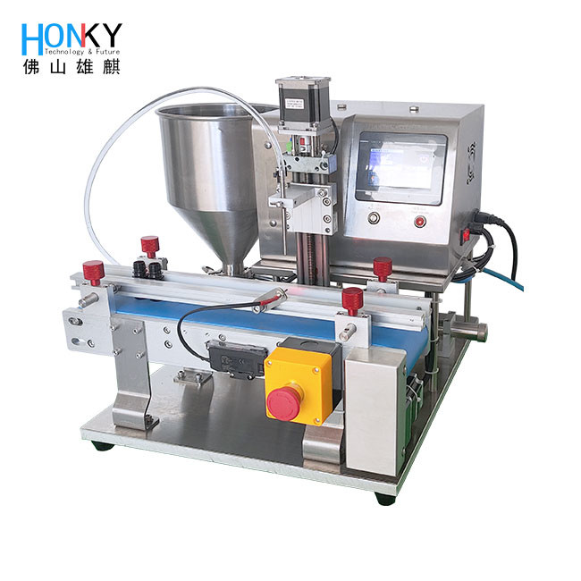 Small Batch Using Desktop Conveyor Whiten Cream Bottle Filling Machine With High Precison Ceramic Piston Pump For Cosmetic Packing